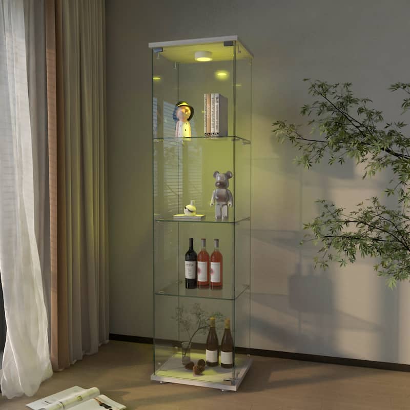 Modern Glass Display Cabinet with LED lights, Quick-assembly Antique Cabinet, Tempered Glass Bookshelf