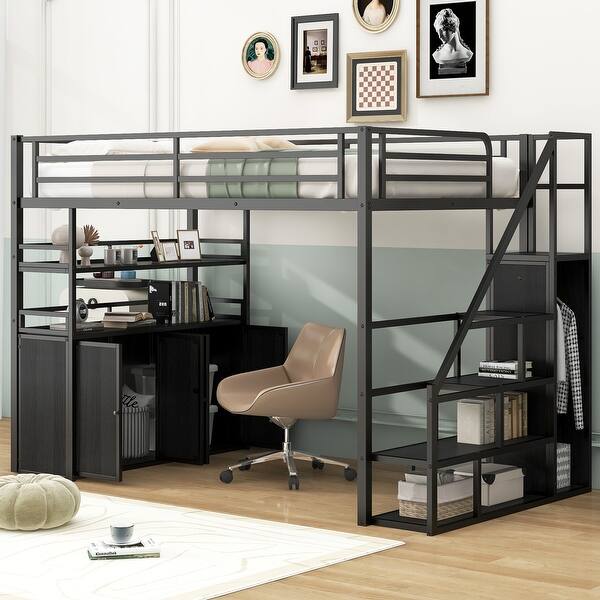 slide 2 of 17, Metal Full Size Loft Bed with Storage Staircase and Wardrobe,Kids Bed with Shelves and Lockers Black