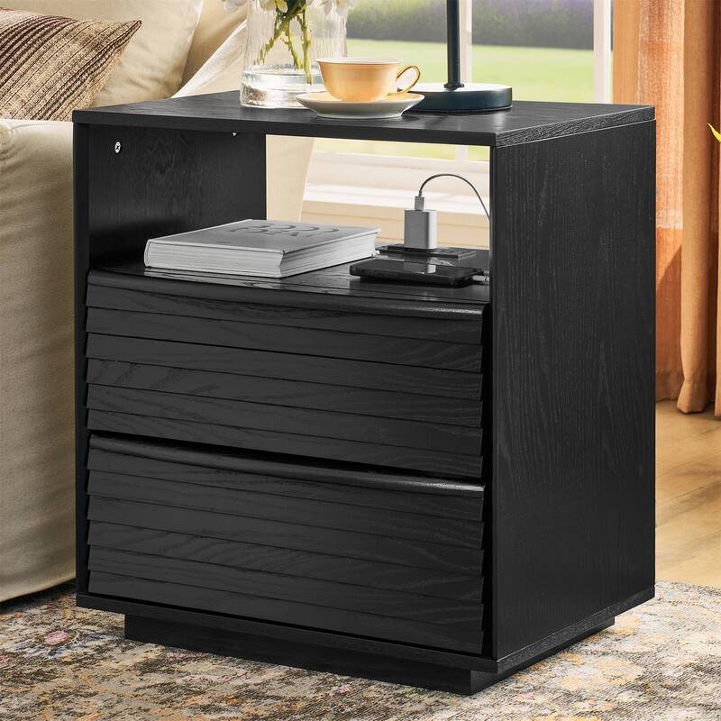 Modern Nightstand with Charging Station,Outlet Hole and 2 Wood Drawers