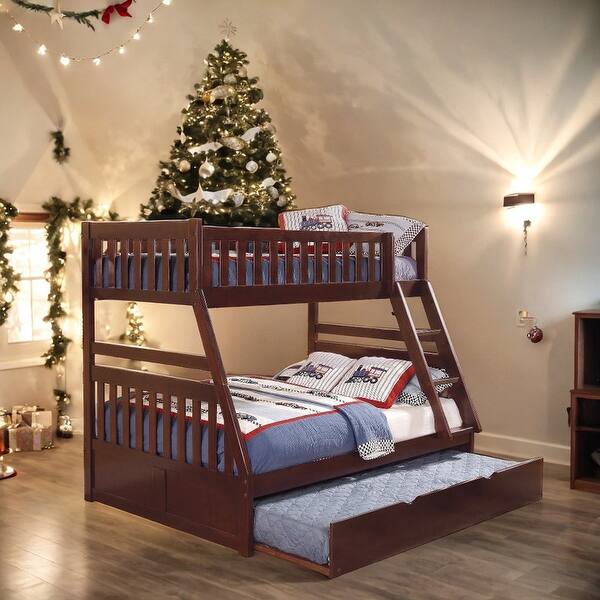 slide 2 of 8, Artsy Twin over Full Bunk Bed with Twin Trundle, Dark Cherry Finish Wooden Bedroom Furniture, Space-saving, Espresso Espresso