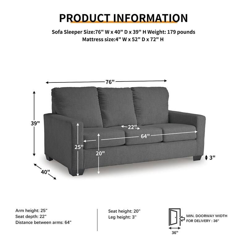 Signature Design by Ashley Rannis Pewter Full Sofa Sleeper - 76"W x 40"D x 39"H