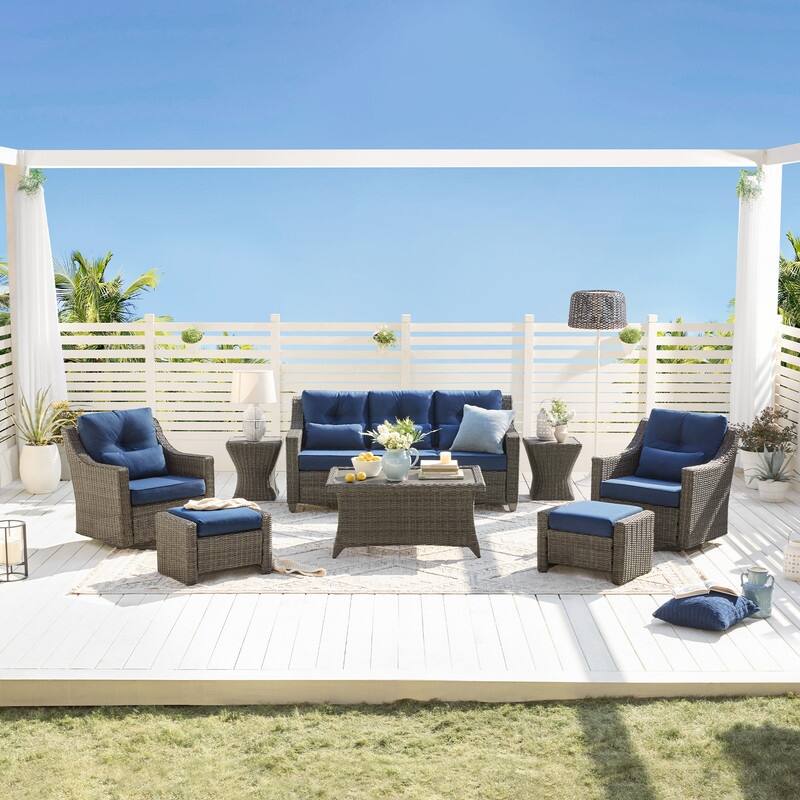 Spruce & Spring Murphy 8-Piece Outdoor Wicker Patio Furniture Conversation Sofa Sets - Gray Wicker-Blue