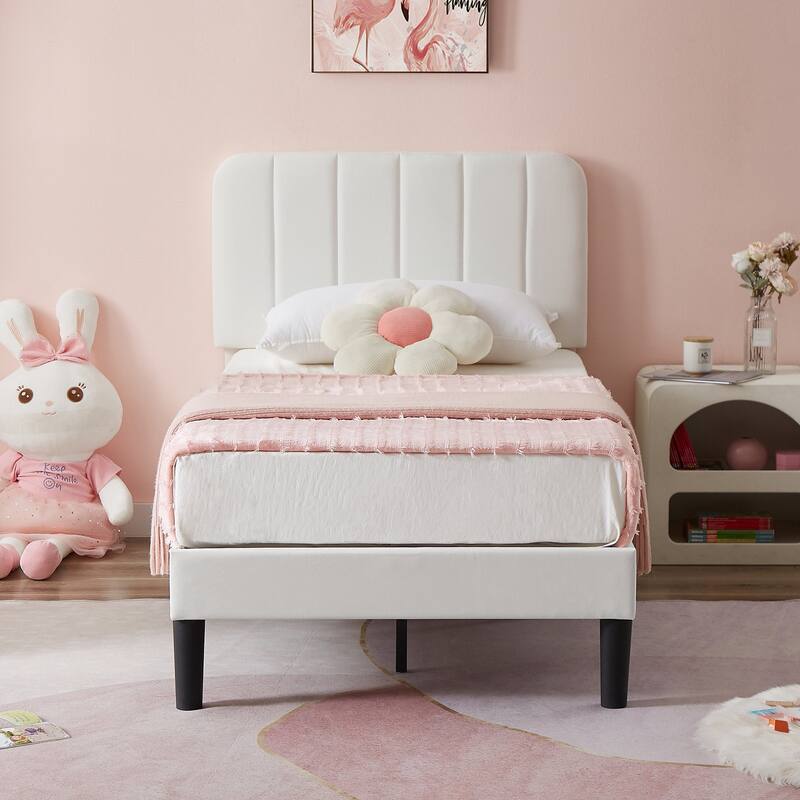 Kids Bed Frame, Height Adjustable Upholstered Bed, Twin Size Bed Set of 2