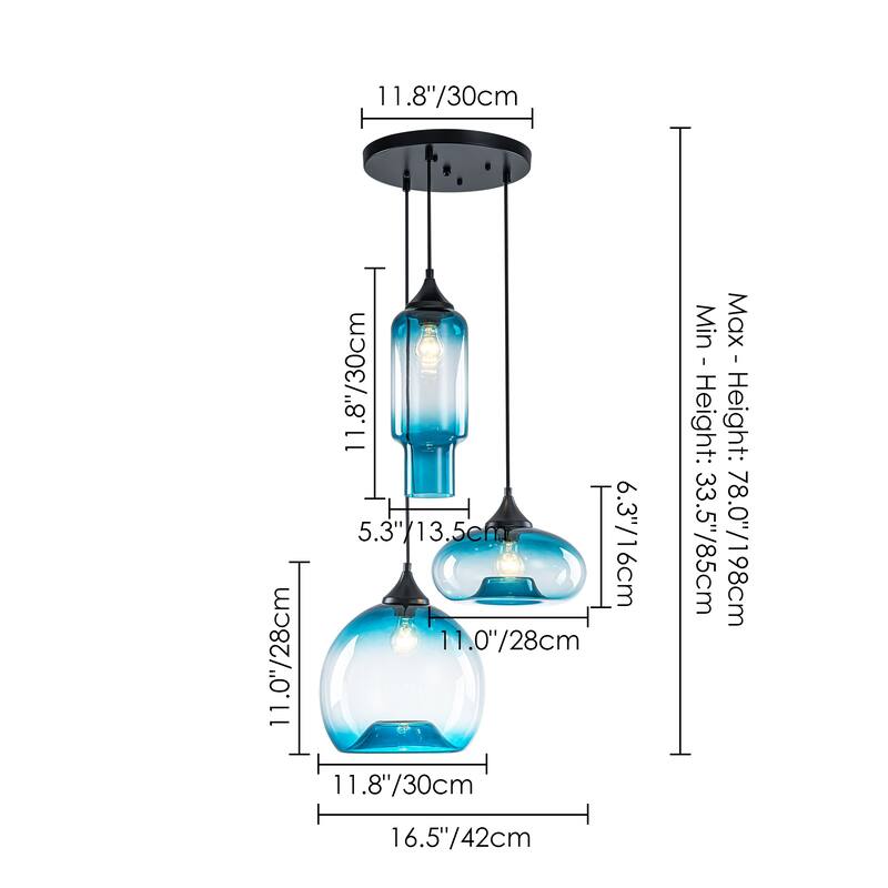 3-Light Modern Black Cluster Pendant Light Gradient Blue Glass Kitchen Island Lighting, Dining Room Ceiling Light