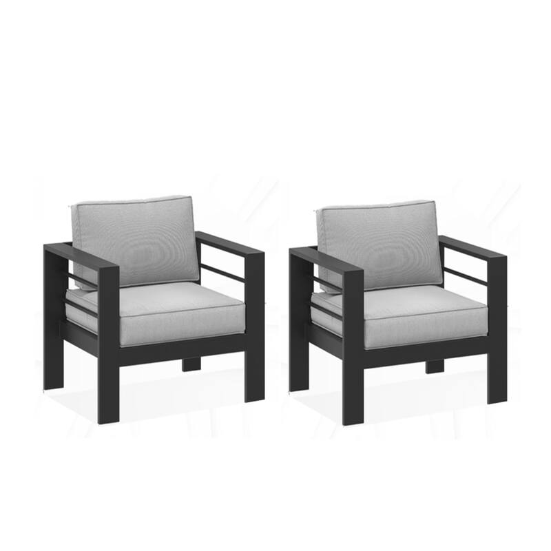 Set of 2 28" Metal Patio Armchairs with Thick Light Gray Cushions Black Frame
