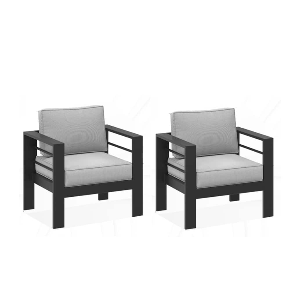 Set of 2 28" Metal Patio Armchairs with Thick Light Gray Cushions Black Frame