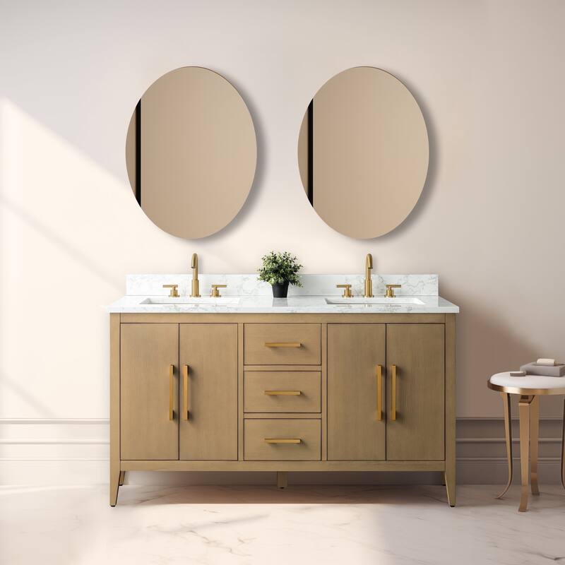 Vanity Art 60" Double Sink Bathroom Vanity Cabinet with Engineered Marble Top - 60"/Golden Brushed Handle - Natural Oak