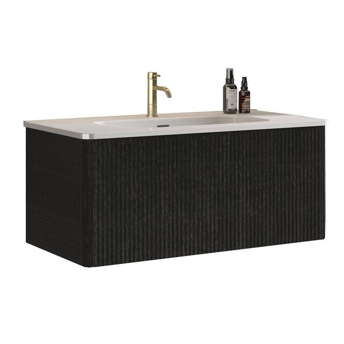 GDFStudio - Etna Floating Bathroom Vanity with Integrated Ceramic Sink, Modern Handle-Free Wall-Mounted Design, Pre-Assembled