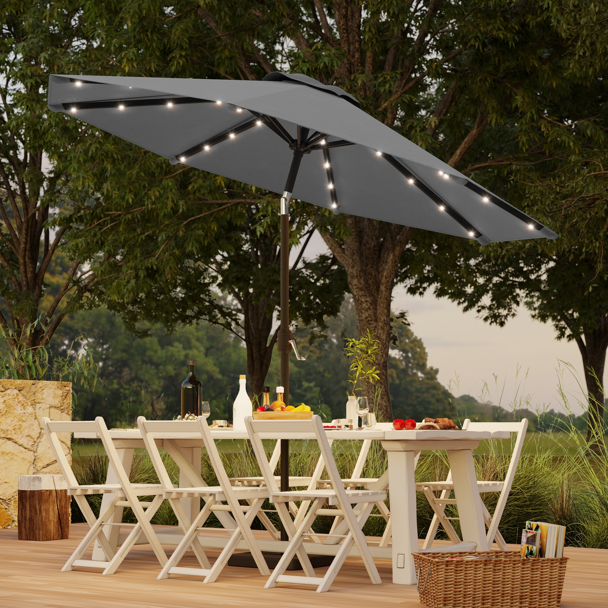 BONOSUKI Patio 9Ft LED Market Umbrellas With Solar Lights, Table Umbrella for Patio and Outdoor With Tilt Button