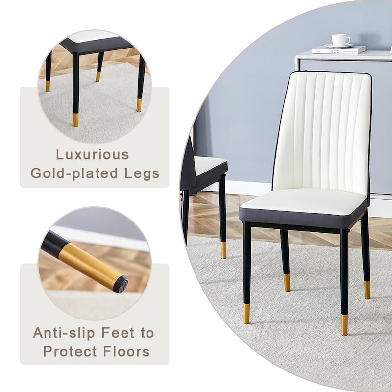 A 42-Inch Round Black Dining Table With A Granite Top And Stainless Steel Legs, Paired With Four Pu Material Dining Chairs