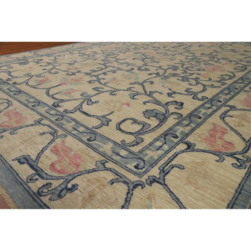 Hand Knotted Oriental 100% Wool Carpet Transitional All-Over Beige & Ivories Oushak Area Rug - 11' 9'' X 8' 10''