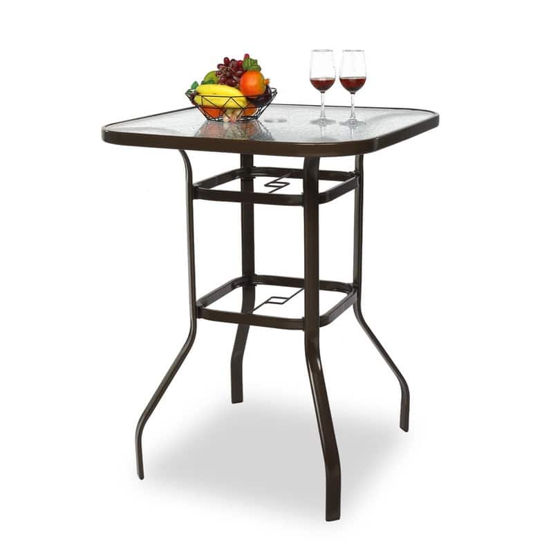 31 Inch Tempered Glass Tabletop Square Patio Bar Table with Umbrella Hole - N/A - Brown