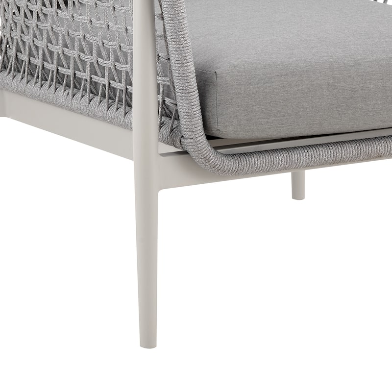 Rhodes Outdoor Patio Armchair in Aluminum with Light Gray Rope and Cushions