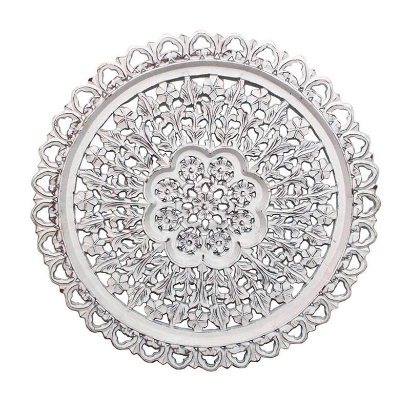 35 Inch Hanging Wall Art Decor, Round, 3D Carved, Rustic White Finish