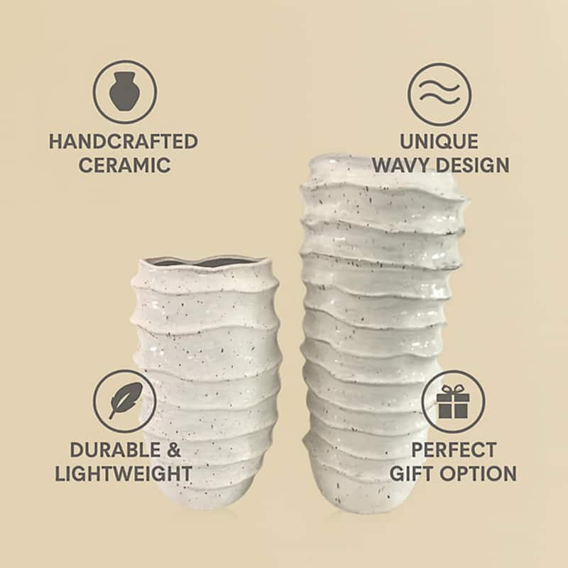 Aria Home White Creamy Ceramic Grooved Vases Modern Decor Set of 2