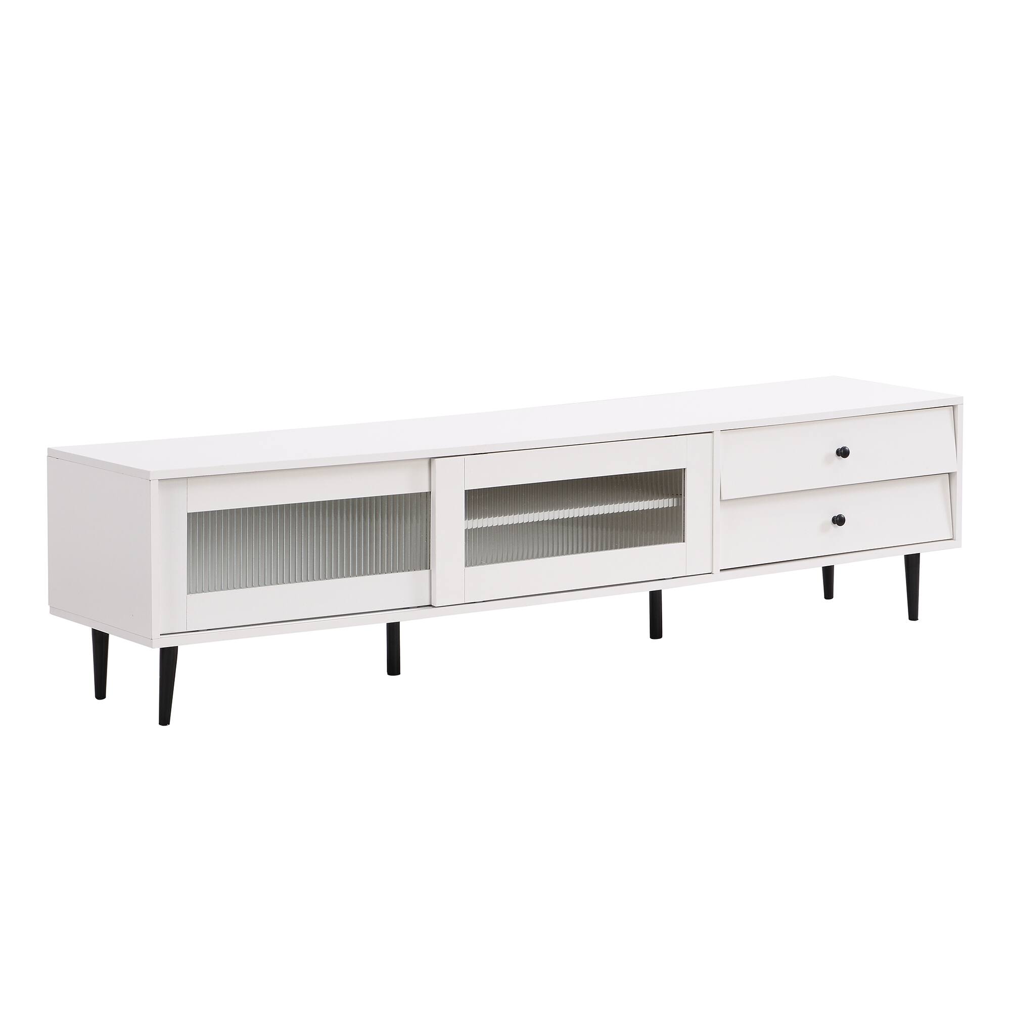 Particle Board TV Stand With Sliding Fluted Glass Doors Large Storage