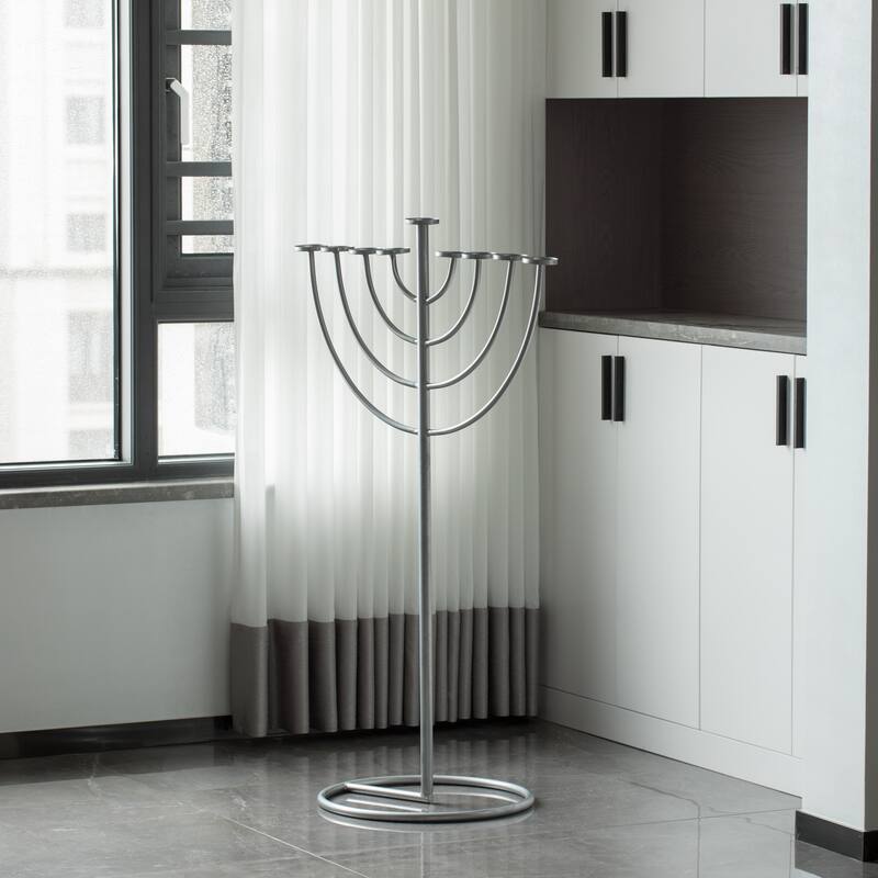 Silver 9 Branch Thin Pipe Hanukkah Menorah, Metal-Aluminum