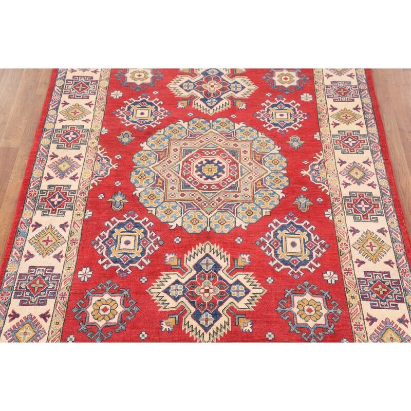 Geometric Kazak Oriental Area Rug Handmade Red Wool Carpet - 4'11" x 7'1"