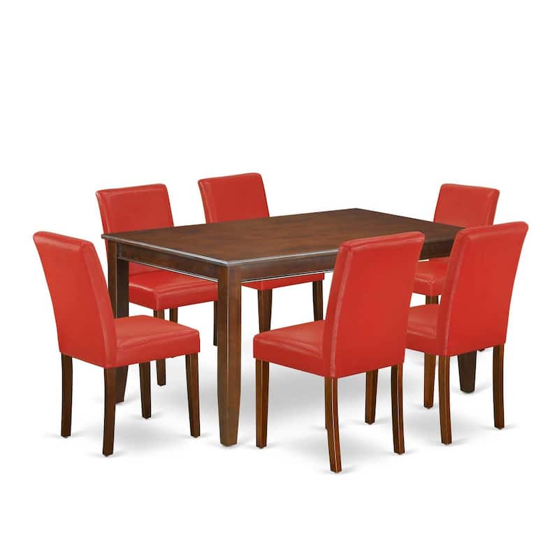 Dining Room Table Set 7 Piece - Rectangular Table with 6 Parson Chairs - Firebrick Red Faux Leather