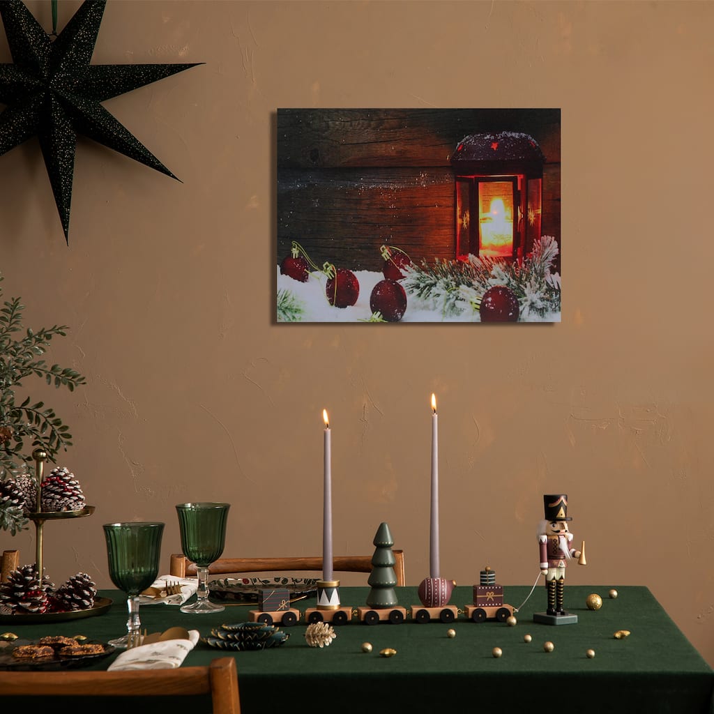 LED Lighted Candle Lantern Wintry Christmas Canvas Wall Art 12 x 15.75
