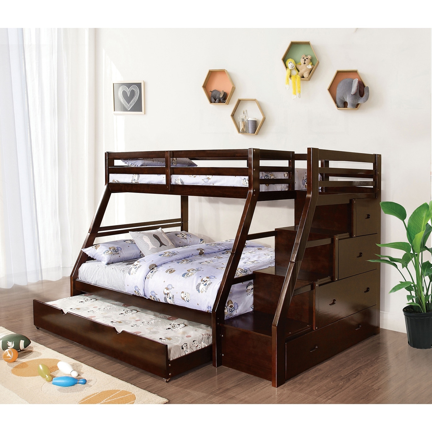 Twin-over-Full Solid Wood Bunk Bed with Built-In Drawers, Accessible Steps and Lock Joint Structure