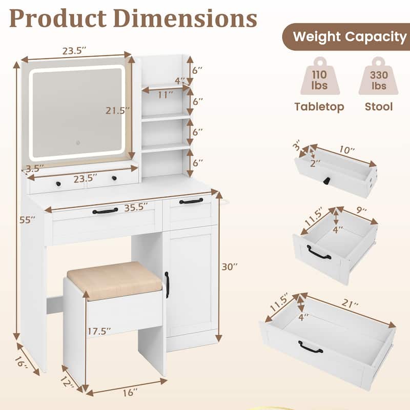 Makeup Vanity Desk with Lighted Mirror Adjustable Lighting Storage Drawers Charging Station and Stool