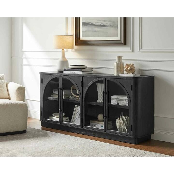 Modern, Contemporary Wood 70" Console with glass doors, TV Stand, Accent Cabinet, Fully Assembled, Black - 70"W x 32"H x 15"D