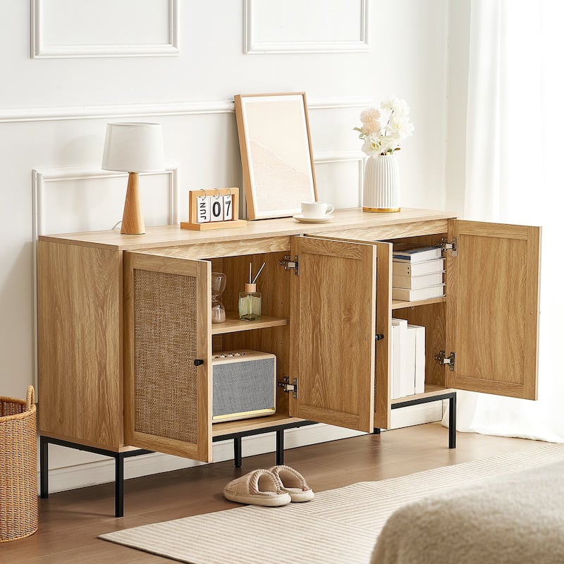 59 Inch Freestanding Rattan Cabinet with 4 Doors and Adjustable Shelves Sturdy Wood Sideboard Unit - 59.1 x 14.1 x 31.5 in