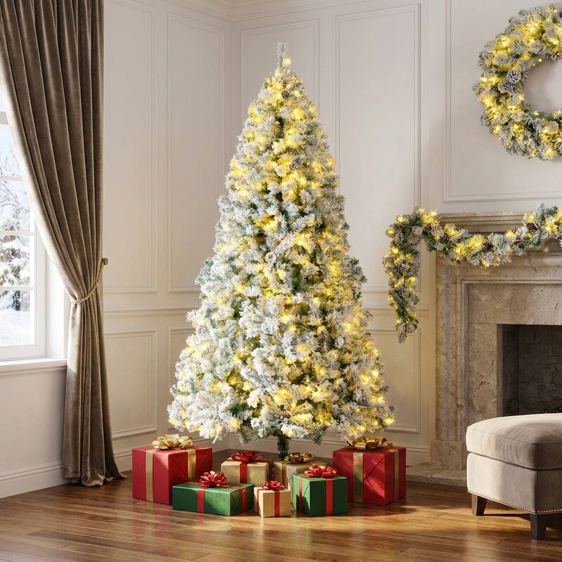 HomeRoots Three Piece Pre Lit Extra Full Frosted Pine Christmas Tree With Garland And Wreath Set