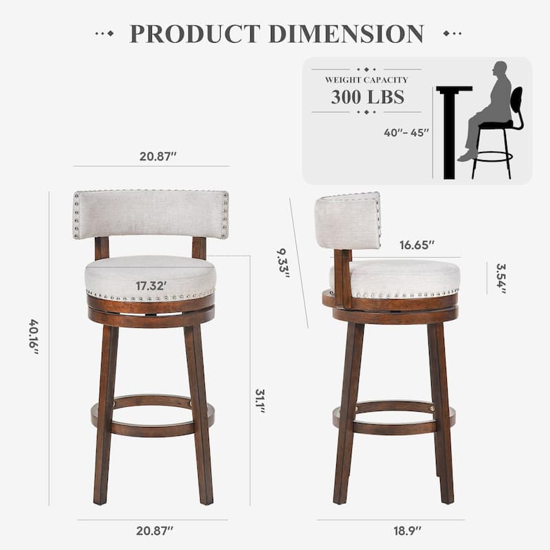 Modern Velvet Swivel Bar Stool - 25" or 30" Counter Height with Adjustable Footrest & Walnut Base, for Kitchen Islands
