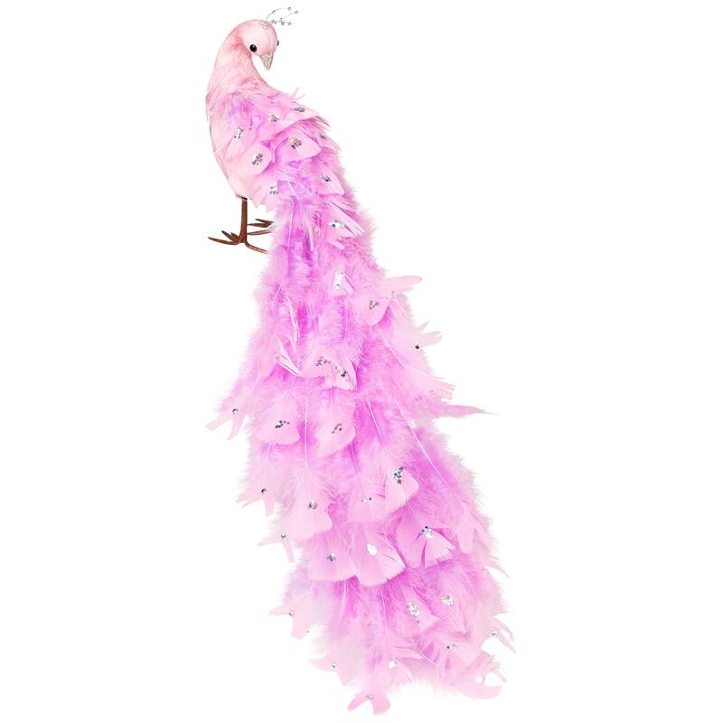 Glittered and Jeweled Peacock Christmas Decoration with Mini Faux Pearls - 22" - Pink
