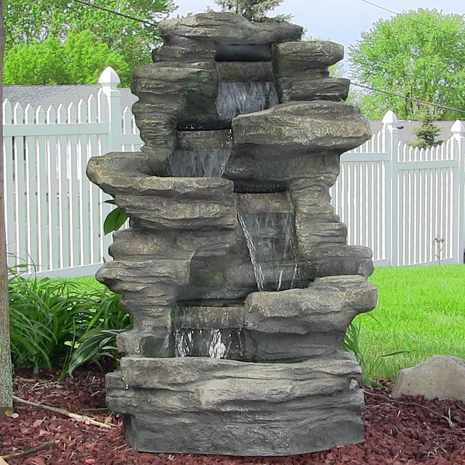 Stacked Shale Outdoor Water Fountain Backyard Feature w/ LEDs - 38"