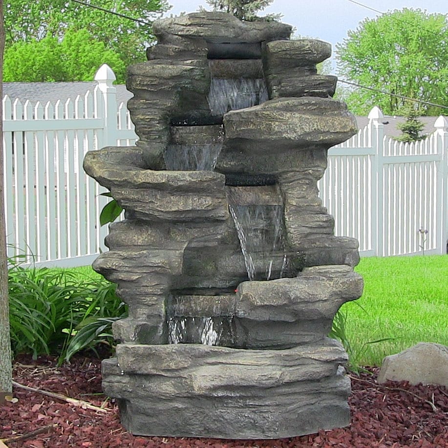 Stacked Shale Outdoor Water Fountain Backyard Feature w/ LEDs - 38"