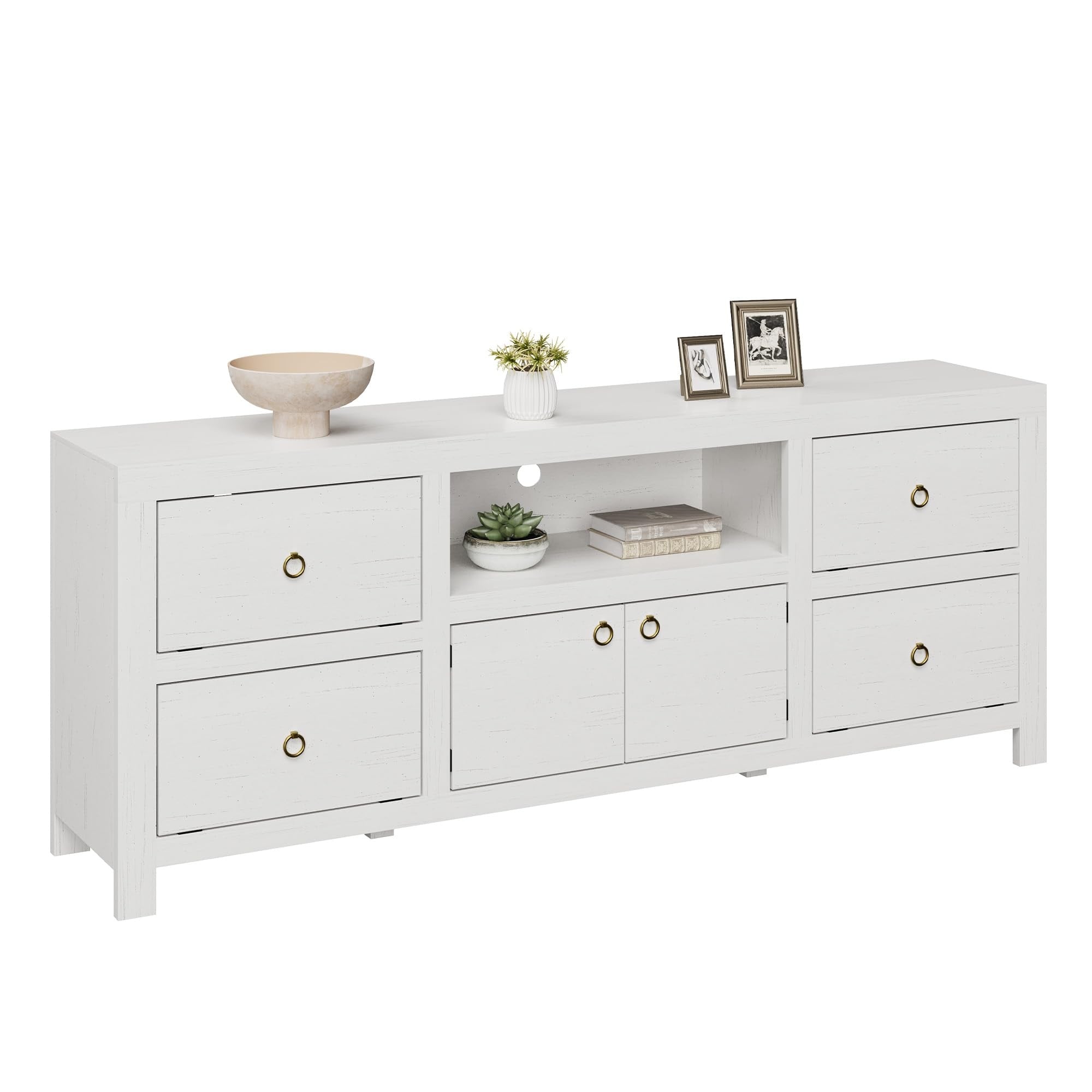 Farmhouse TV Stand (Up to 80" TV) with 6 Drawers & Open Shelf