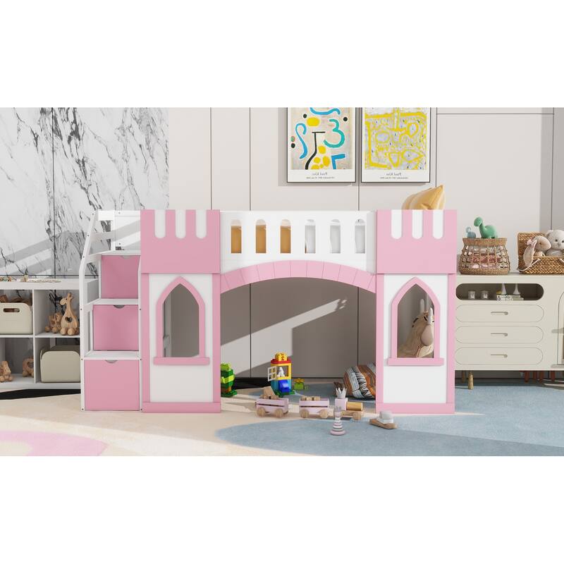 Pink Twin Size Loft Bed with Storage Staircase and Window