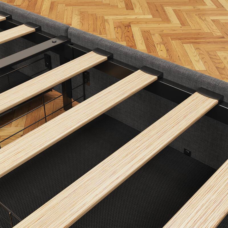 Bed Frame with LED, 4 Under-bed Portable Storage Drawers, Wings Headboard
