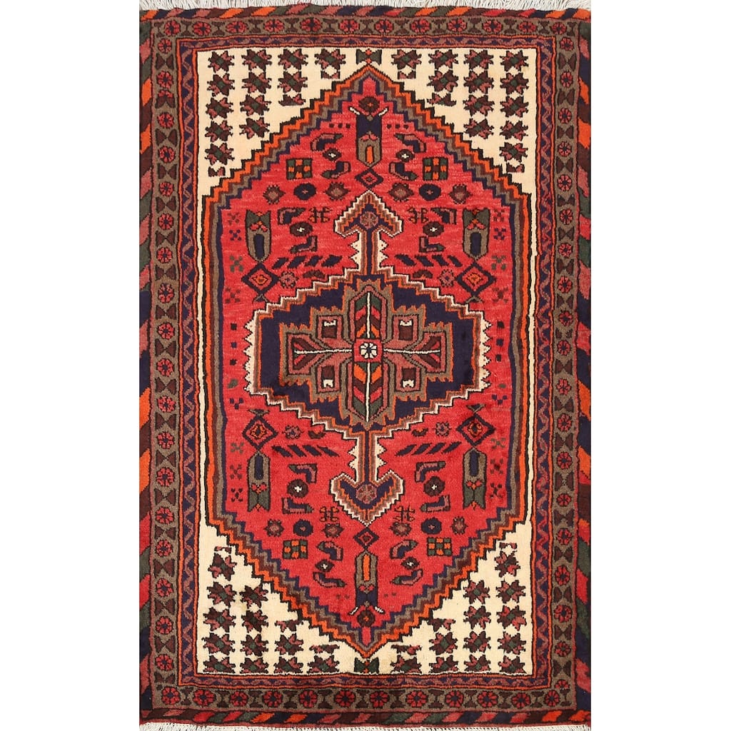 Geometric Persian Hamedan Traditional Area Rug Wool Handmade Carpet - 3'3" x 4'10"