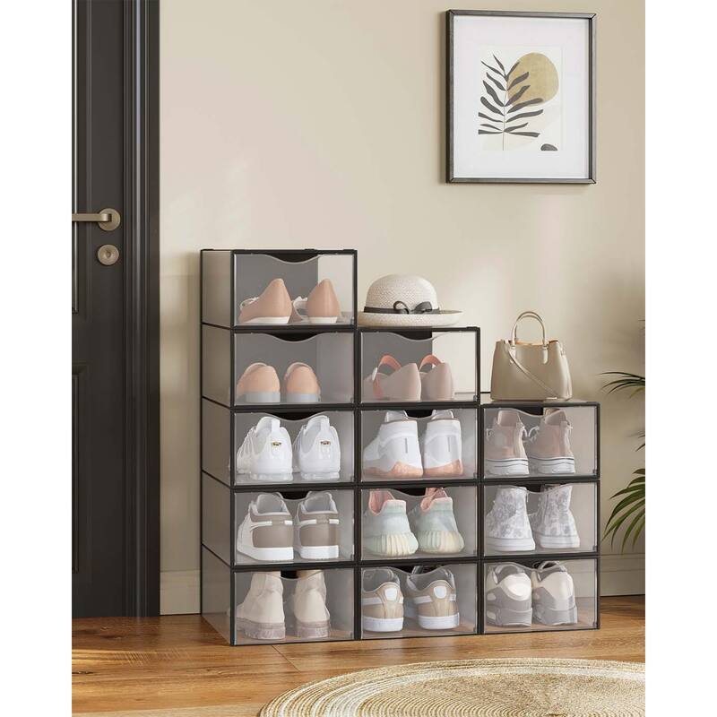 12 Pack Clear Plastic Stackable Shoe Boxes with Doors and Cutout Handles for Closet Storage - 9.1”L x 13.1”W x 5.6”H