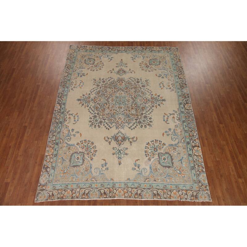 Hand Knotted Oriental 100% Wool Carpet Traditional Floral Beige & Ivories Tabriz Area Rug - 11' 6'' X 8' 7''