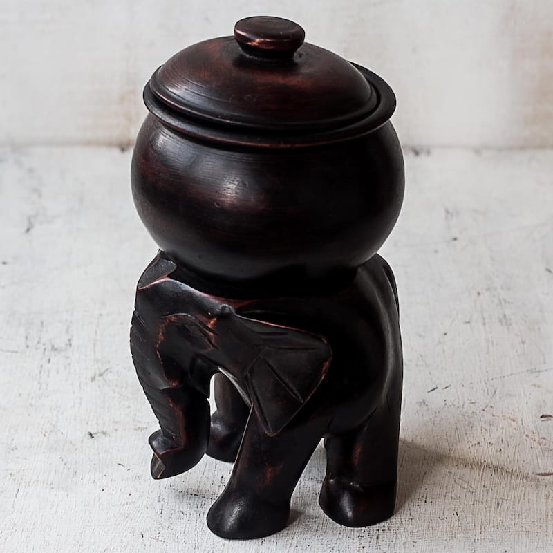 Novica Handmade Elephants Cargo Wood Decorative Jar