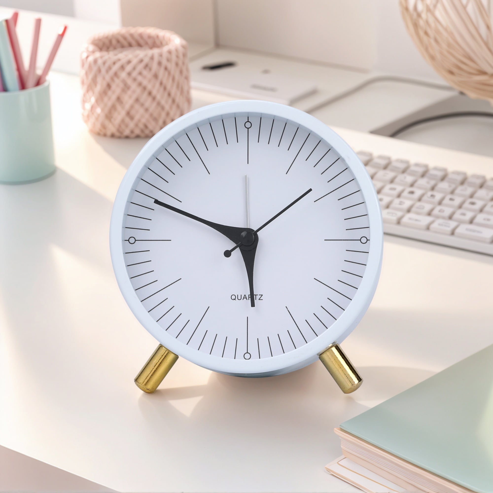 Minimalist Style Mechanical Alarm Clock, with Metal Bracket, Silent Operation for Home Decor 4.3"Lx2.2"Wx4.5"H