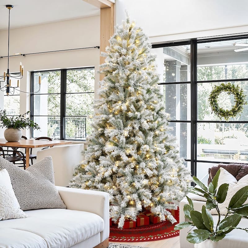 7.5Ft Pre-Lit Hinged Snow Flocked Full Fir Artificial Christmas Tree with 8 Lighting Modes - 90" H x 61.8" Diameter