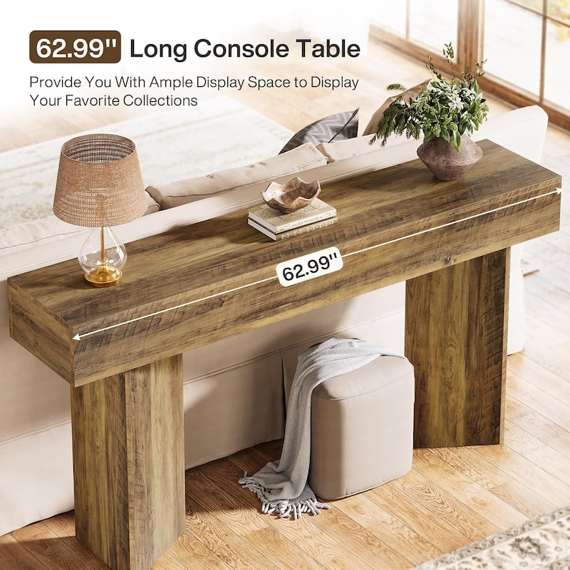 63-Inch Brown Engineered Wood Entryway Table, Farmhouse Long Sofa Table Behind Couch for Living Room