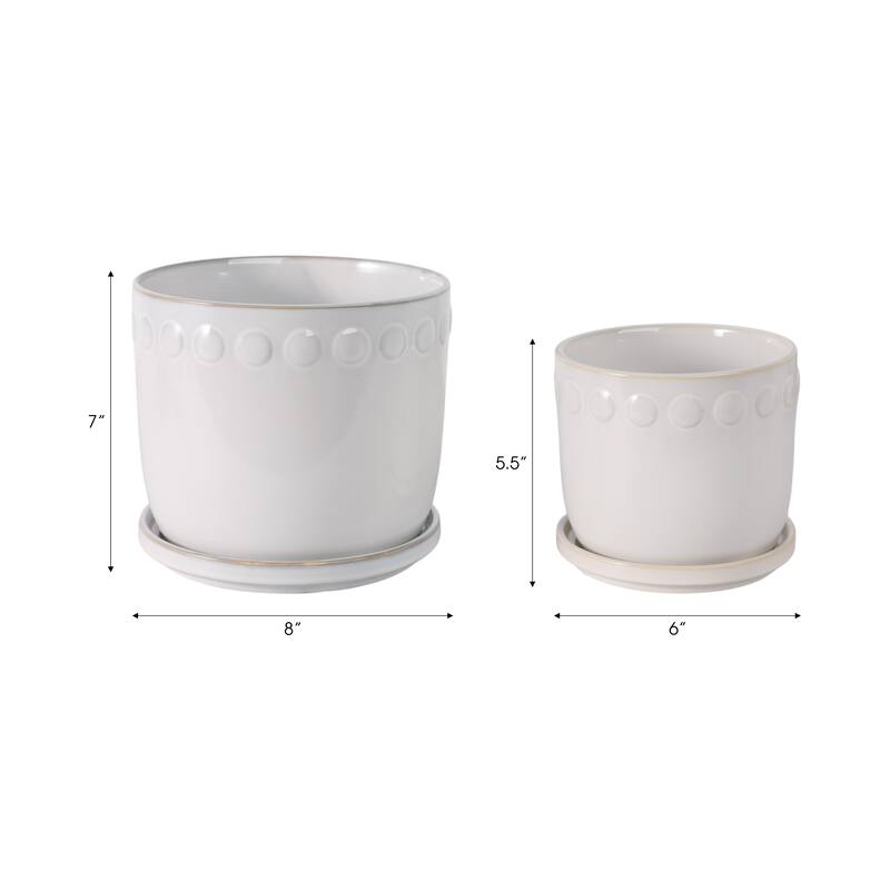 Ceramic Planter with Saucer, Bubble Trim Design - Set of 2, 8",6", Green