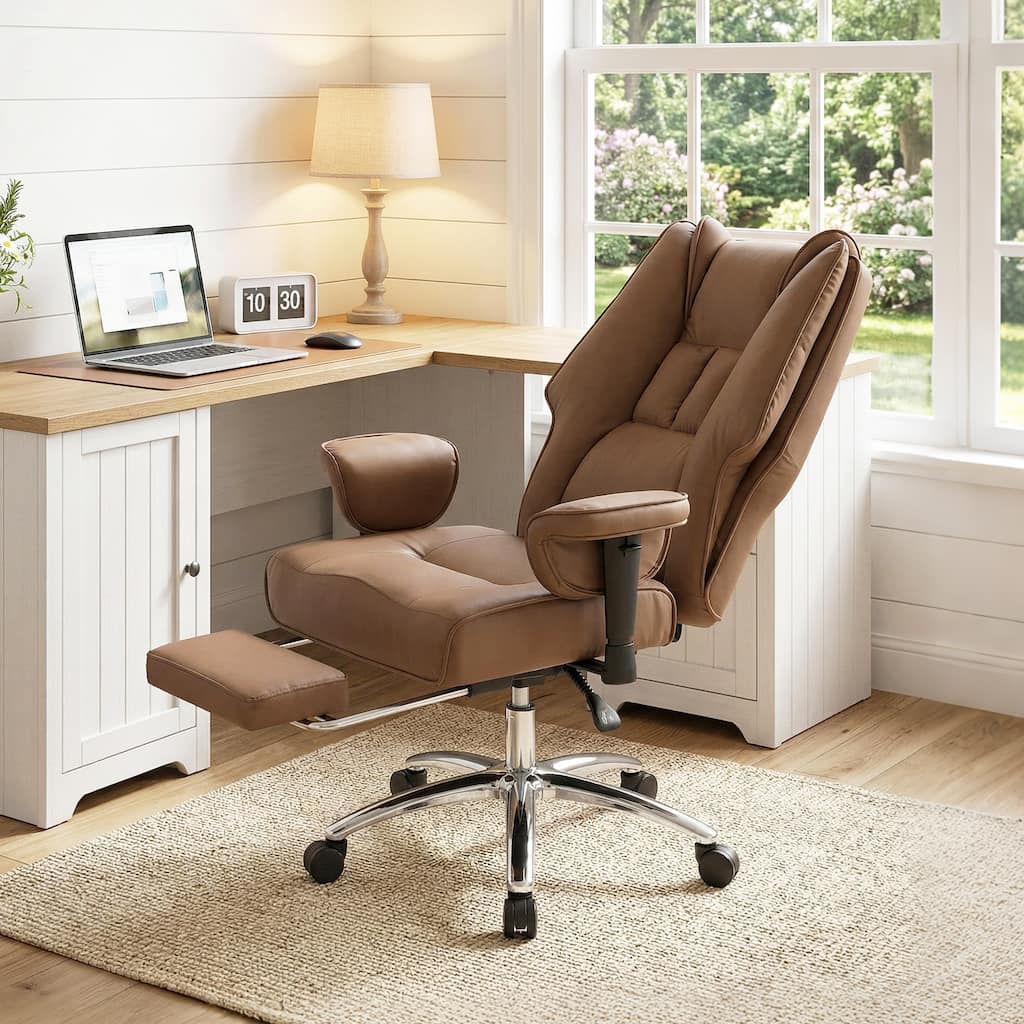 HOMCOM Ergonomic Executive Office Chair with Foot Rest, Adjustable Armrests,Pet Friendly Faux Leather, Light Gray