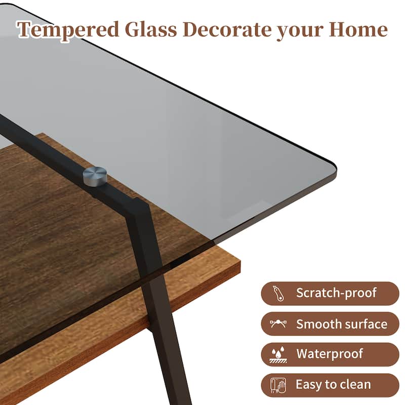 Rectangle Coffee Table, Tempered Glass Tabletop with Black Metal Legs, Modern Table for Living Room