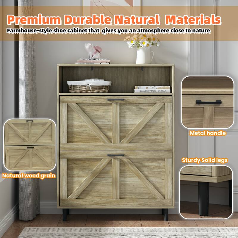 Farmhouse Shoe Storage Cabinet with Barn Door Design, Shoe Organizer with 2 Flip Drawers