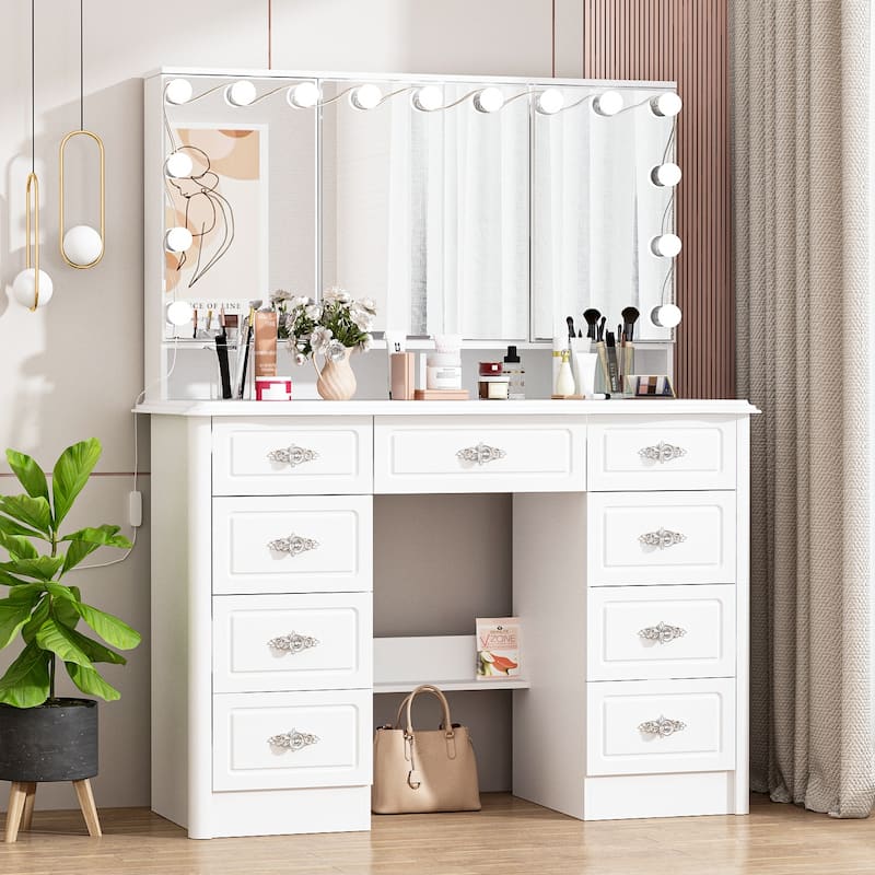 Contemporary Beauty Station - White Vanity Desk Makeup Vanity Dressing - 40.2"Wx54.1"H - Wood Top