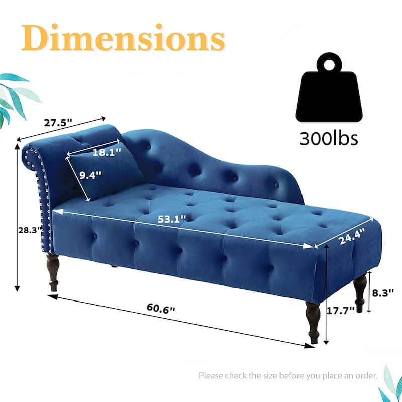60"W Velvet Chaise Lounge, Tufted with Pillow & Nailhead Decorate - 60.6W" x 27.5D" x 28.3"H