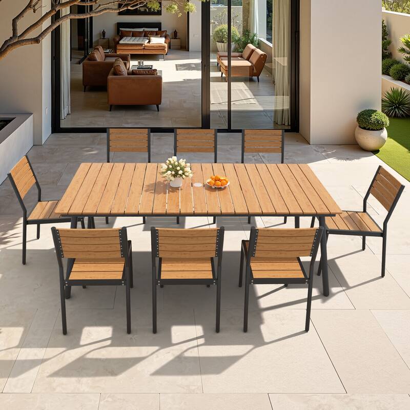 7/9/11-Piece Outdoor Dining Set Aluminum Dining table with Stackable Chairs - Brown - Set of 9